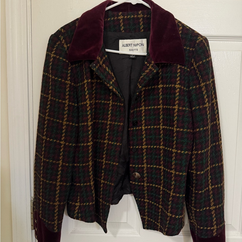 Albert Nipon Green and Red Blazer with Velvet Collar